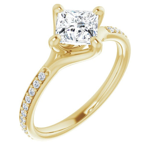 10K Yellow Gold Customizable Princess/Square Cut Design featuring Thin Band and Shared-Prong Round Accents