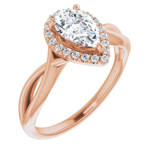 10K Rose Gold Customizable Cathedral-Halo Pear Cut Design with Twisting Split Band