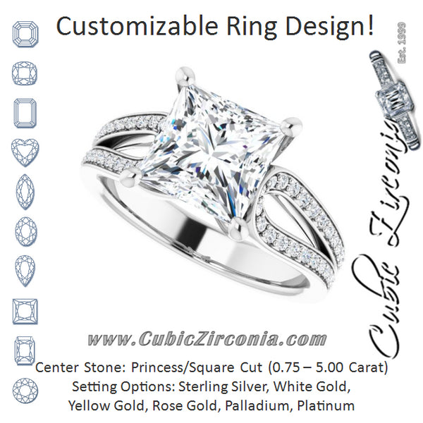 Cubic Zirconia Engagement Ring- The Annemarie (Customizable Princess/Square Cut Design featuring Shared Prong Split-band)