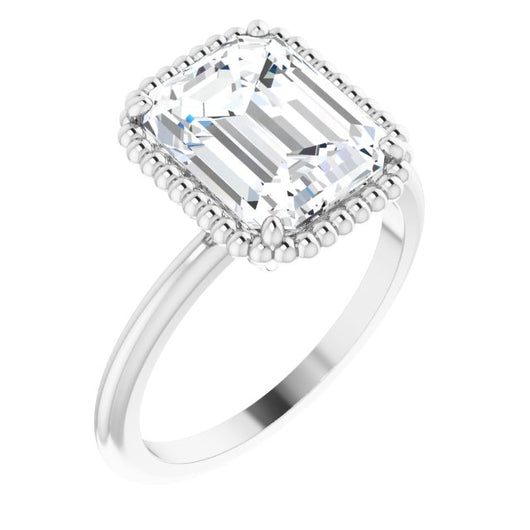 10K White Gold Customizable Emerald/Radiant Cut Solitaire with Beaded Metallic Milgrain