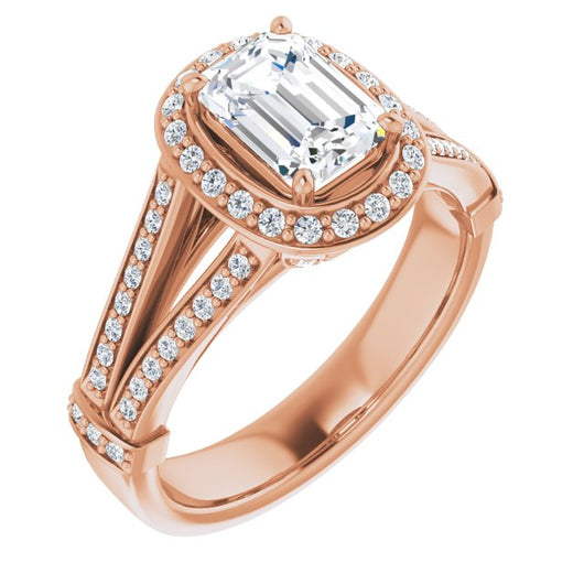 10K Rose Gold Customizable Emerald/Radiant Cut Setting with Halo, Under-Halo Trellis Accents and Accented Split Band