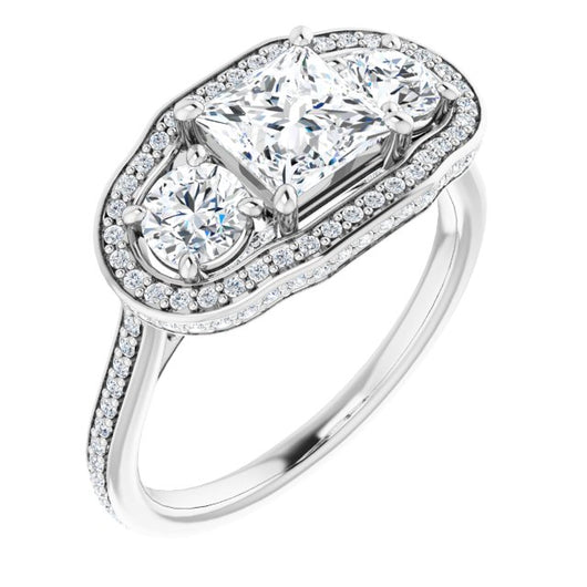 10K White Gold Customizable 3-stone Princess/Square Cut Design with Multi-Halo Enhancement and 150+-stone Pavé Band