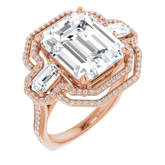 10K Rose Gold Customizable Enhanced 3-stone Style with Emerald/Radiant Cut Center, Emerald Cut Accents, Double Halo and Thin Shared Prong Band