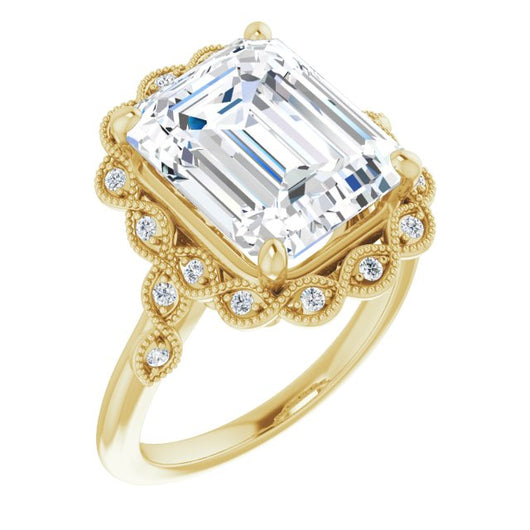 10K Yellow Gold Customizable 3-stone Design with Emerald/Radiant Cut Center and Halo Enhancement