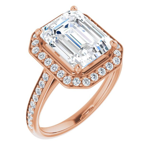 10K Rose Gold Customizable Cathedral-raised Emerald/Radiant Cut Halo-and-Accented Band Design