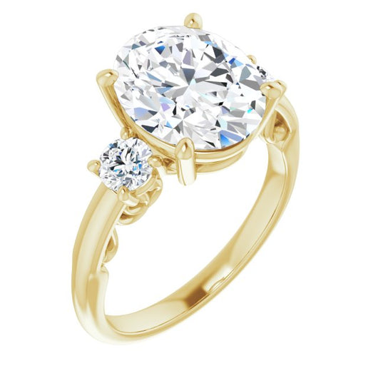 10K Yellow Gold Customizable Oval Cut 3-stone Style featuring Heart-Motif Band Enhancement