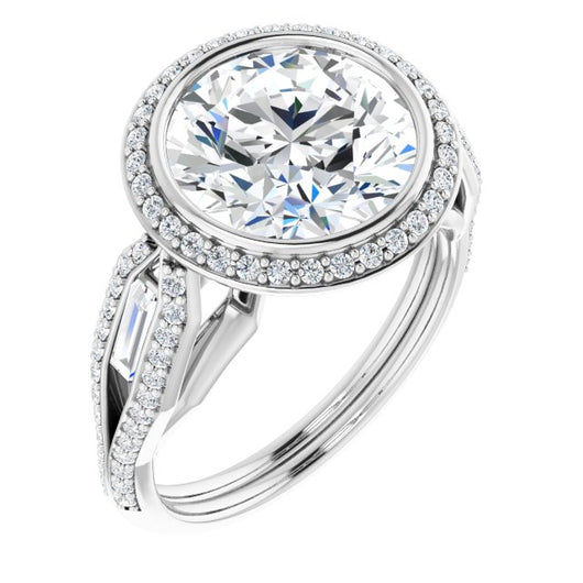 10K White Gold Customizable Cathedral-Bezel Round Cut Design with Halo, Split-Pavé Band & Channel Baguettes