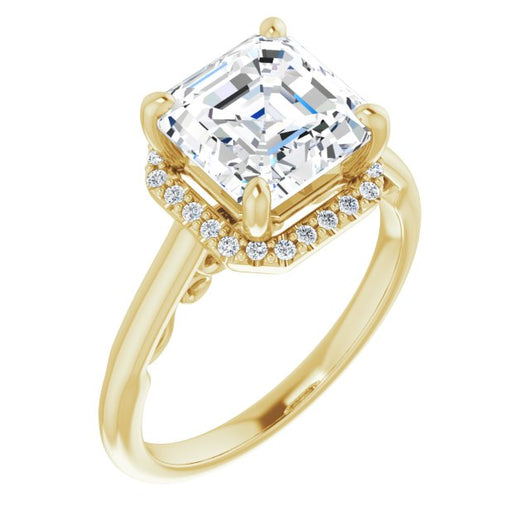 10K Yellow Gold Customizable Cathedral-Halo Asscher Cut Style featuring Sculptural Trellis