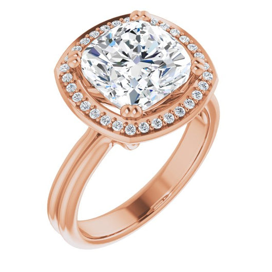 10K Rose Gold Customizable Cushion Cut Style with Scooped Halo and Grooved Band