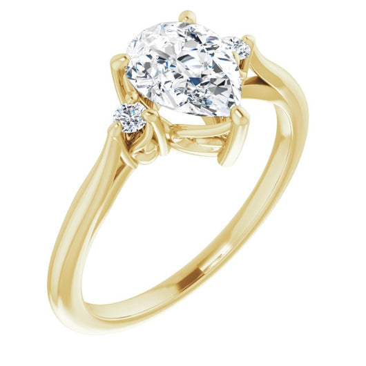 10K Yellow Gold Customizable Three-stone Pear Cut Design with Small Round Accents and Vintage Trellis/Basket