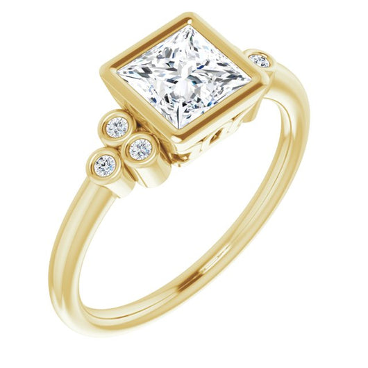 10K Yellow Gold Customizable 7-stone Princess/Square Cut Style with Triple Round-Bezel Accent Cluster Each Side