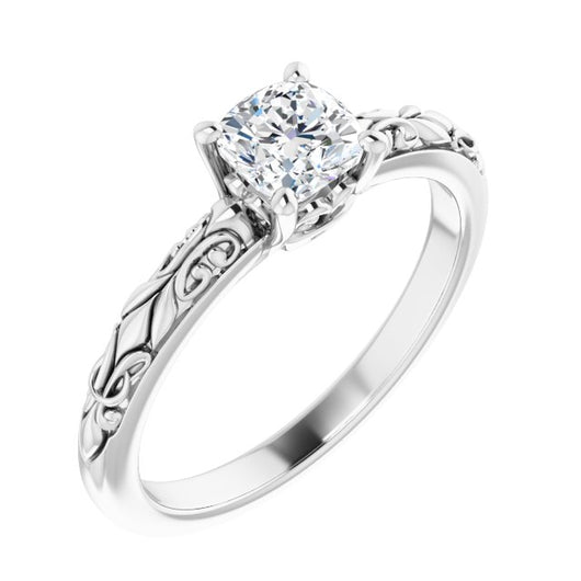 10K White Gold Customizable Cushion Cut Solitaire featuring Delicate Metal Scrollwork