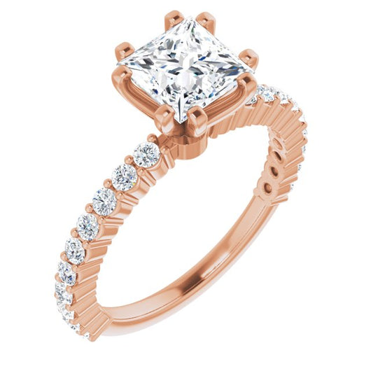 10K Rose Gold Customizable 8-prong Princess/Square Cut Design with Thin, Stackable Pav? Band