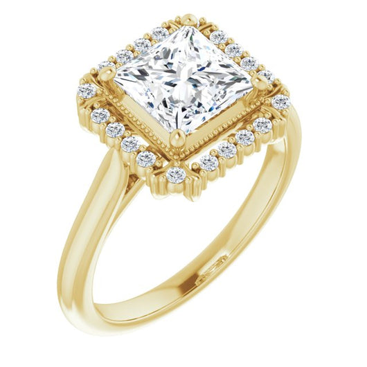 10K Yellow Gold Customizable Princess/Square Cut Design with Majestic Crown Halo and Raised Illusion Setting