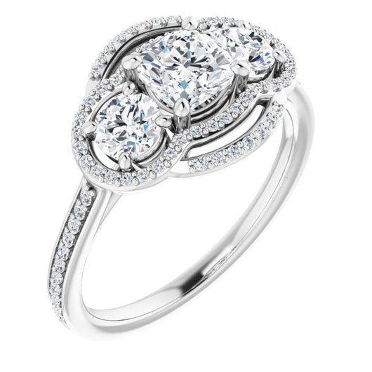 10K White Gold Customizable Enhanced 3-stone Double-Halo Style with Cushion Cut Center and Thin Band