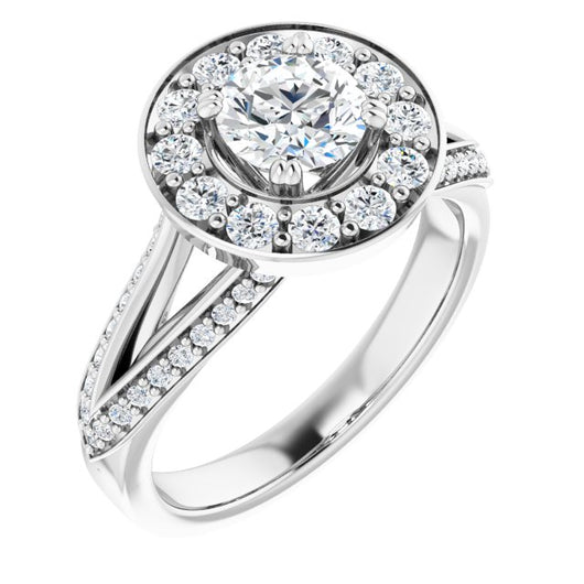 10K White Gold Customizable Round Cut Center with Large-Accented Halo and Split Shared Prong Band