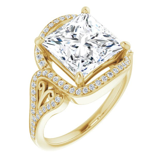 10K Yellow Gold Customizable Princess/Square Cut Design with Bypass Halo and Split-Shared Prong Band