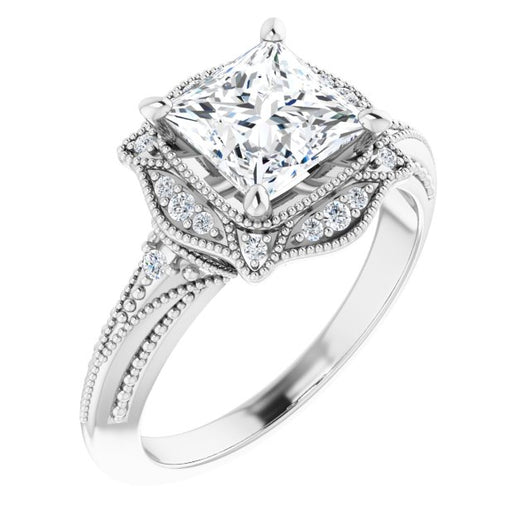 10K White Gold Customizable Vintage Princess/Square Cut Design with Beaded Milgrain and Starburst Semi-Halo