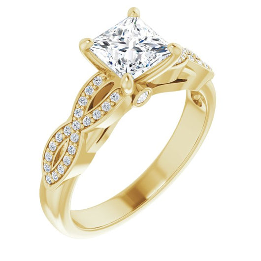 10K Yellow Gold Customizable Princess/Square Cut Design featuring Infinity Pavé Band and Round-Bezel Peekaboos