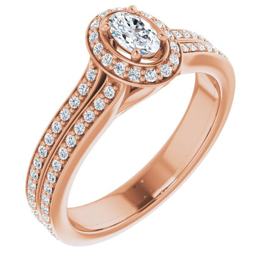 10K Rose Gold Customizable Cathedral-raised Oval Cut Setting with Halo and Shared Prong Band