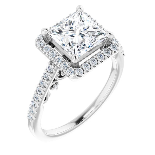 10K White Gold Customizable Cathedral-Halo Princess/Square Cut Design with Carved Metal Accent plus Pavé Band