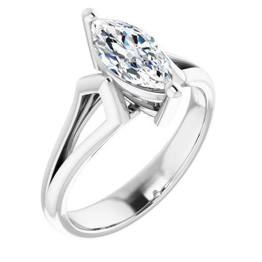 10K White Gold Customizable Cathedral-Raised Marquise Cut Solitaire with Angular Chevron Split Band