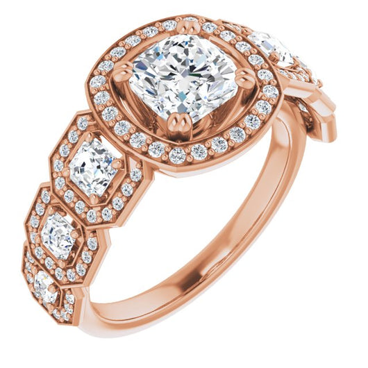 10K Rose Gold Customizable Cathedral-Halo Cushion Cut Design with Six Halo-surrounded Asscher Cut Accents and Ultra-wide Band