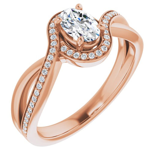 10K Rose Gold Customizable Bypass-Halo-Accented Oval Cut Center with Twisting Split Shared Prong Band