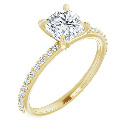 10K Yellow Gold Customizable Cushion Cut Style with Delicate Pavé Band