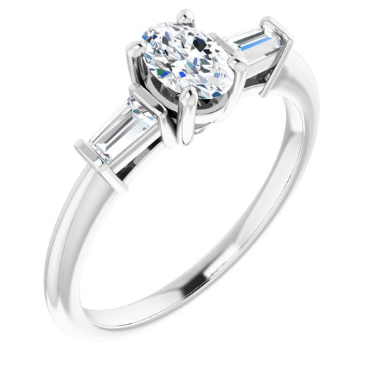 10K White Gold Customizable 3-stone Oval Cut Design with Dual Baguette Accents)