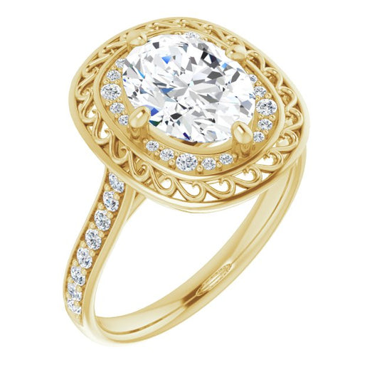 10K Yellow Gold Customizable Cathedral-style Oval Cut featuring Cluster Accented Filigree Setting & Shared Prong Band