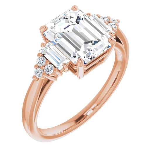 10K Rose Gold Customizable 9-stone Design with Emerald/Radiant Cut Center, Side Baguettes and Tri-Cluster Round Accents