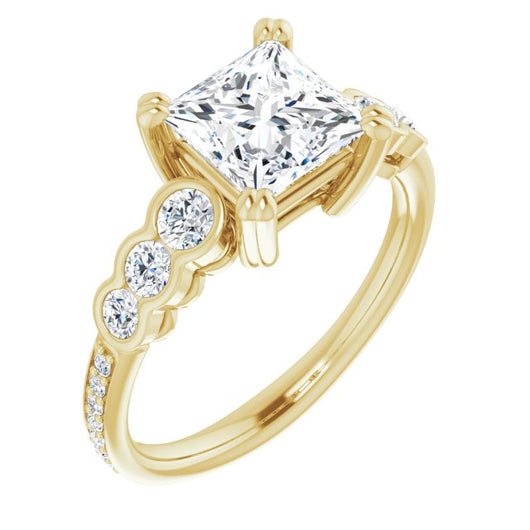 10K Yellow Gold Customizable Princess/Square Cut 7-stone Style Enhanced with Bezel Accents and Shared Prong Band