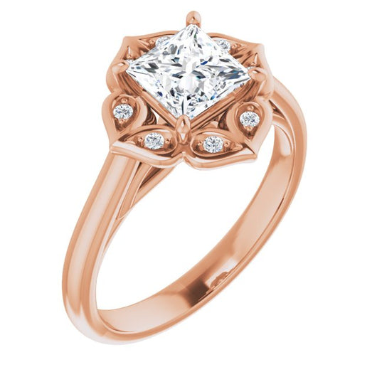 10K Rose Gold Customizable Cathedral-raised Princess/Square Cut Design with Star Halo & Round-Bezel Peekaboo Accents