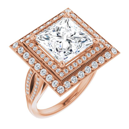 10K Rose Gold Customizable Cathedral-style Princess/Square Cut Design with Double Halo & Split-Pavé Band