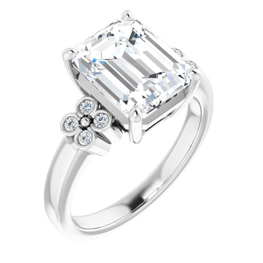 10K White Gold Customizable 9-stone Design with Emerald/Radiant Cut Center and Complementary Quad Bezel-Accent Sets