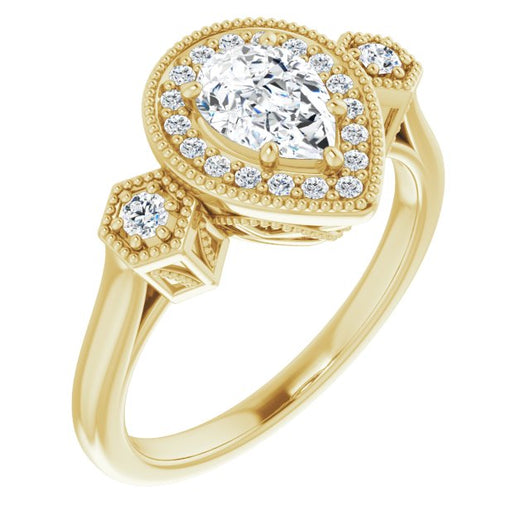 10K Yellow Gold Customizable Cathedral Pear Cut Design with Halo and Delicate Milgrain