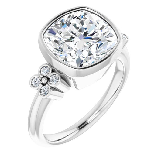 10K White Gold Customizable 9-stone Bezel-set Cushion Cut Design with Quad Round Bezel Side Stones Each Side