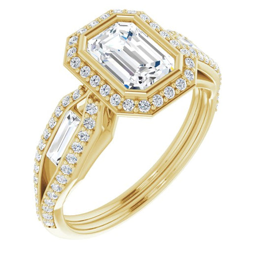 10K Yellow Gold Customizable Cathedral-Bezel Emerald/Radiant Cut Design with Halo, Split-Pavé Band & Channel Baguettes