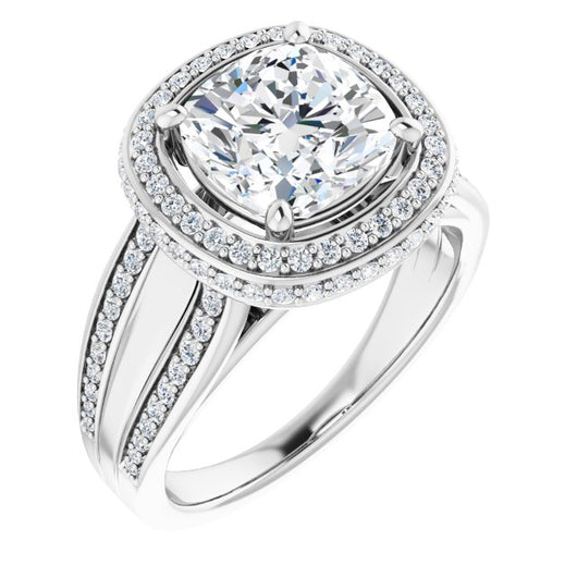 10K White Gold Customizable Halo-style Cushion Cut with Under-halo & Ultra-wide Band