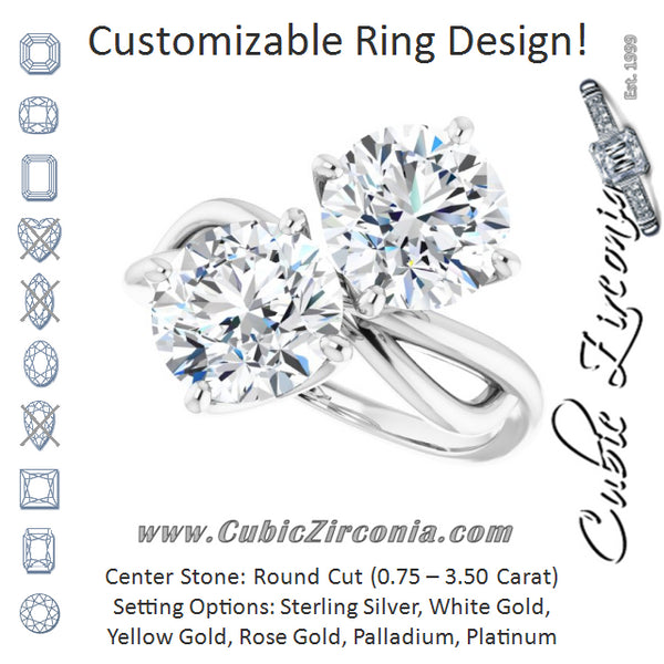 Cubic Zirconia Engagement Ring- The Chyna (Customizable 2-stone Round Cut Artisan Style with Wide, Infinity-inspired Split Band)