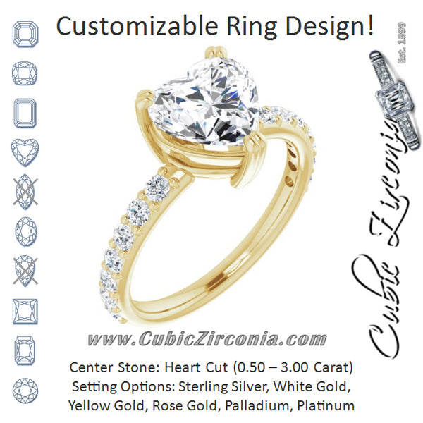 Cubic Zirconia Engagement Ring- The Chandita (Customizable Heart Cut Design with Large Round Cut 3/4 Band Accents)