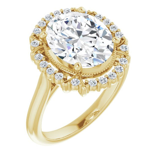 10K Yellow Gold Customizable Oval Cut Design with Majestic Crown Halo and Raised Illusion Setting