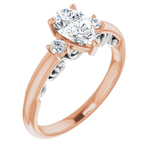 14K Rose & White Gold Customizable Pear Cut 3-stone Style featuring Heart-Motif Band Enhancement