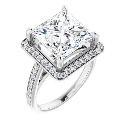 10K White Gold Customizable Princess/Square Cut Style with Halo and Sculptural Trellis