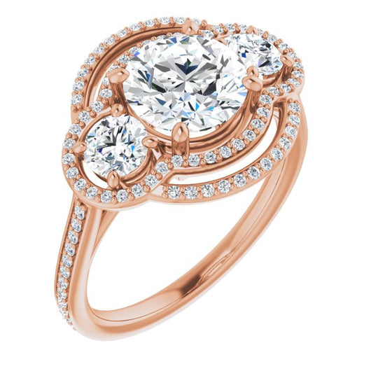 10K Rose Gold Customizable Enhanced 3-stone Double-Halo Style with Round Cut Center and Thin Band