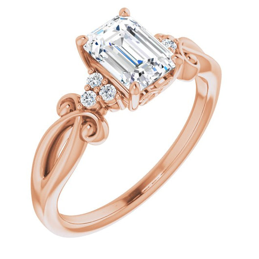 10K Rose Gold Customizable 7-stone Emerald/Radiant Cut Design with Tri-Cluster Accents and Teardrop Fleur-de-lis Motif