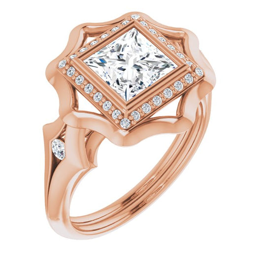 10K Rose Gold Customizable Bezel-set Princess/Square Cut with Halo & Oversized Floral Design