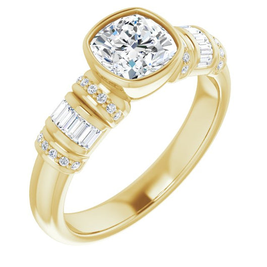 10K Yellow Gold Customizable Bezel-set Cushion Cut Setting with Wide Sleeve-Accented Band