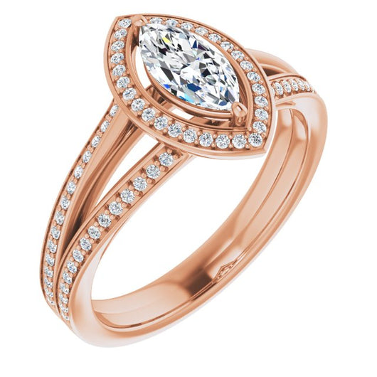 10K Rose Gold Customizable Marquise Cut Design with Split-Band Shared Prong & Halo